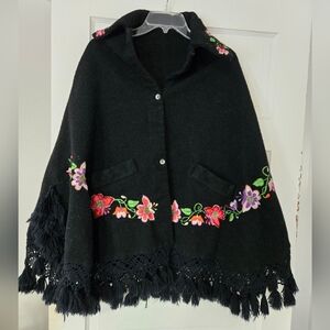 Wool Floral Embroidered Black Cape